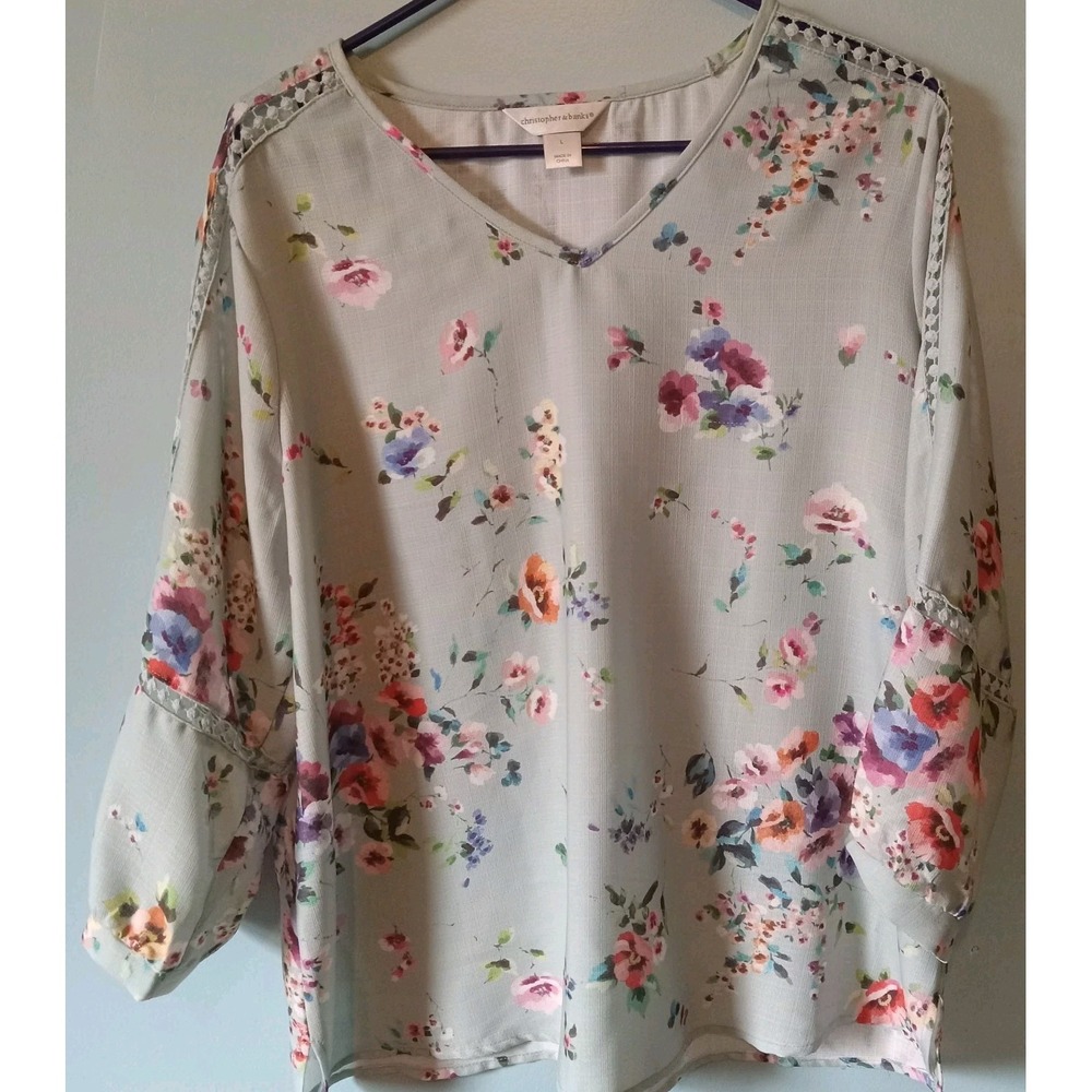 Christopher Banks V-Neck 3/4 Sleeve Lt Green Flowers Top Lace‎ Blouse Sz L Large